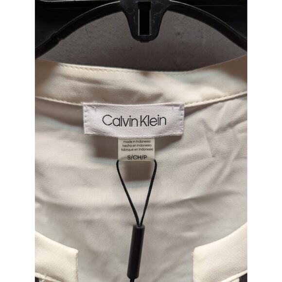 Calvin Klein Chiffon tunic top SMALL white black trim Sleeveless casual NWT - Picture 4 of 4